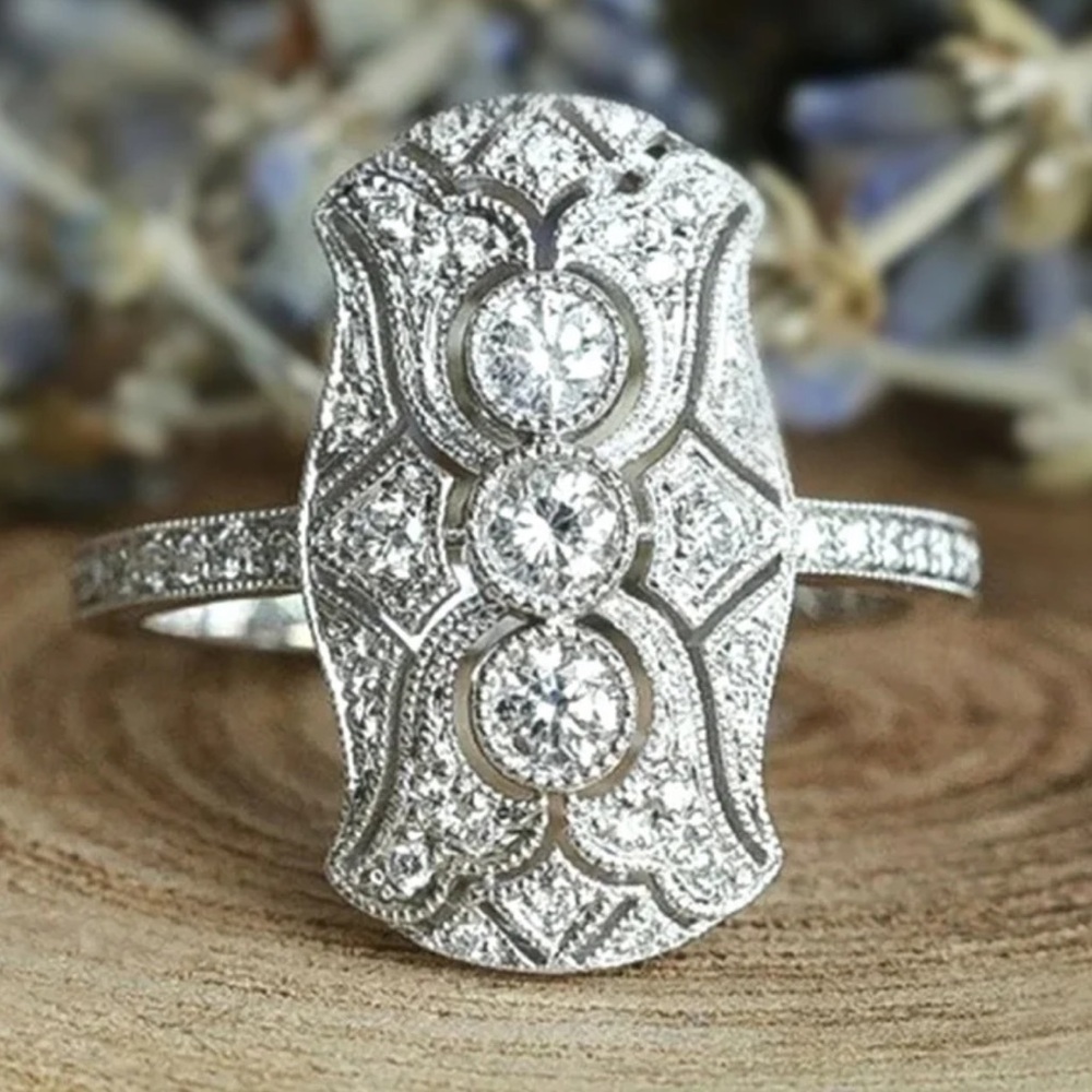 Vintage Inspired Pave Silver Art Deco Ring - Picture 3 of 8